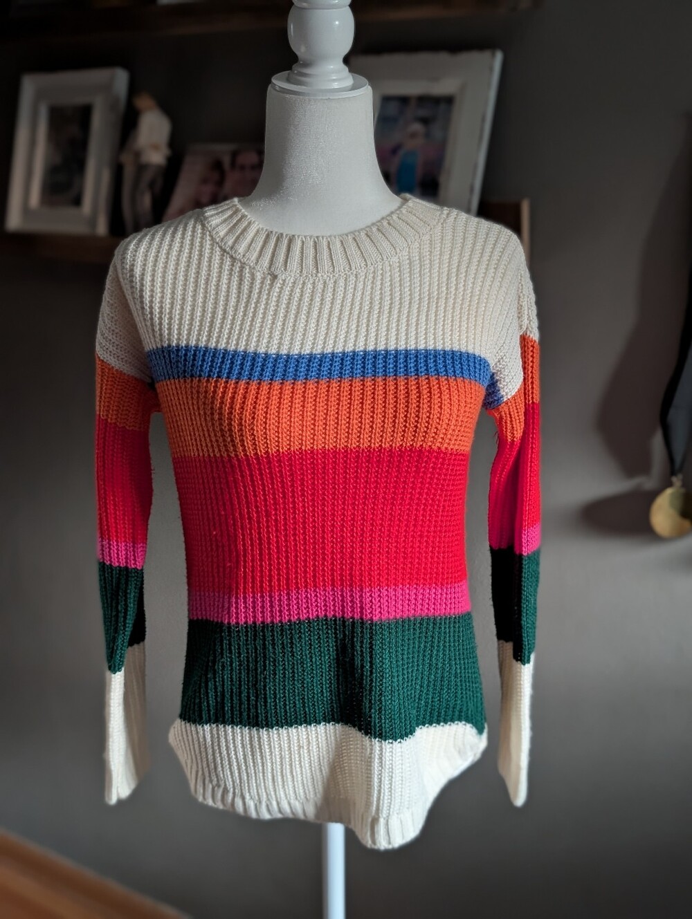 SO Brand XS Bright Colorful Striped Rib Knit Long Sleeve Fall Pullover Granola
